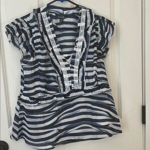 NWT Nicole Miller Navy and White Striped Blouse with Ruffle Detail